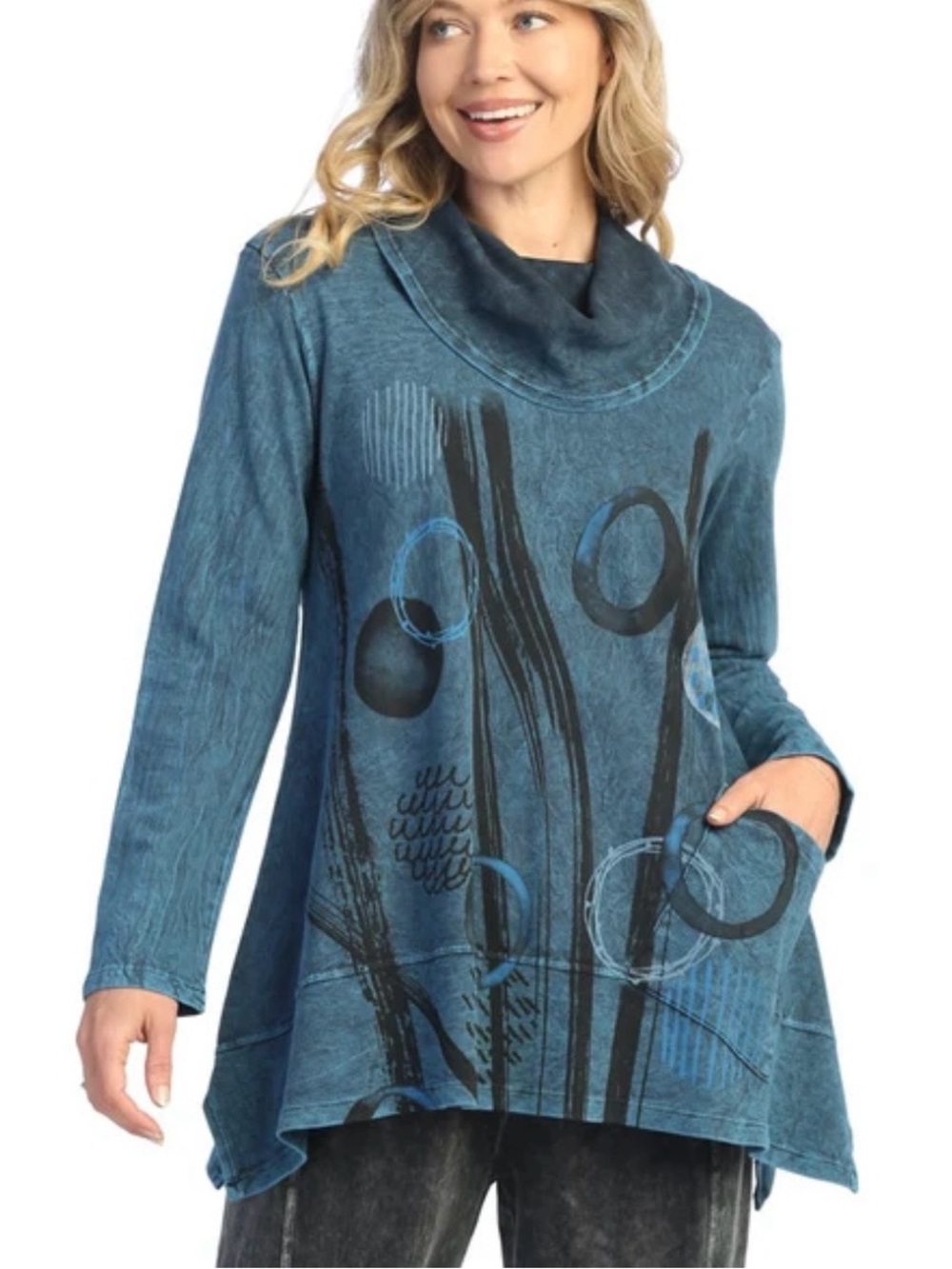 Jess & Jane Abstract Print Mineral Washed Jersey Knit Tunic ‘STACCATO’ M74 Sz XL